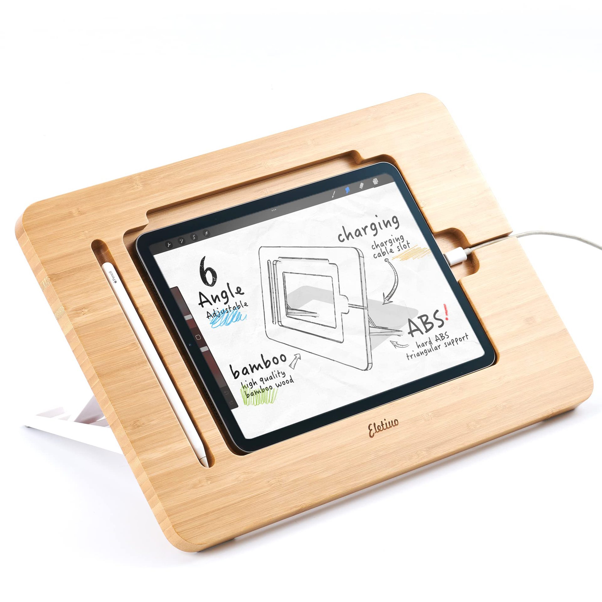 Tablet Accessories For Reading - Wooden Adjustable Tablet Stand with Pencil